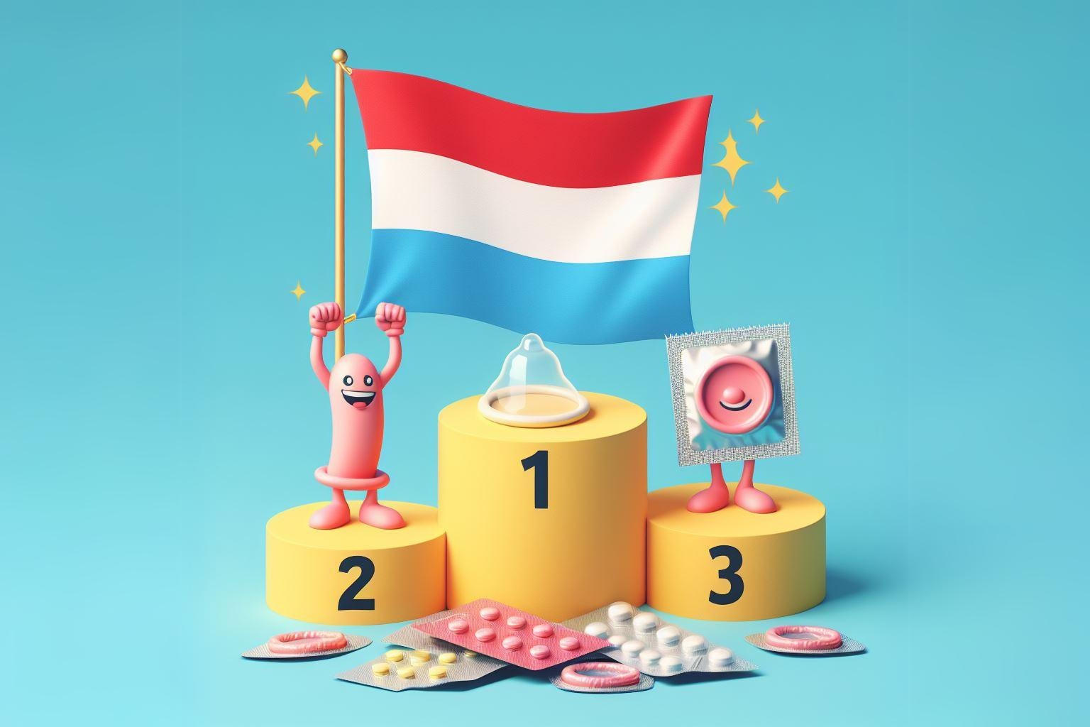 Прапор Люксембургу під номером 1 на п'єдесталі переможців на тему контрацепції
