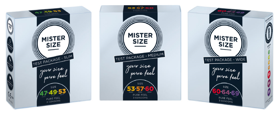 Три різні тестові пакети презервативів Mister Size